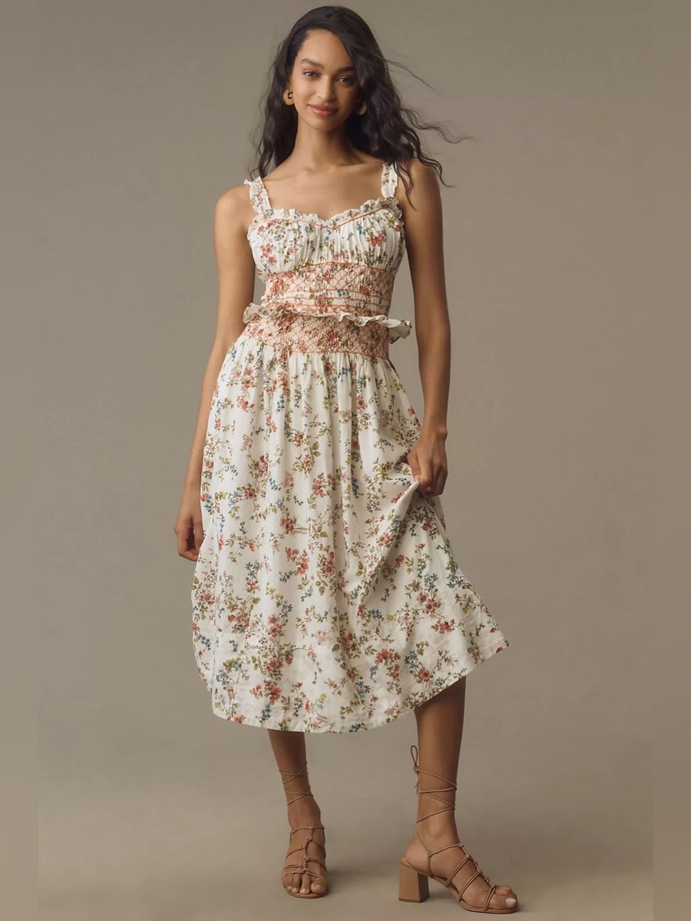 Anthropologie | Sleeveless Smocked-Waist Ruffled Midi Dress Floral - Size Medium